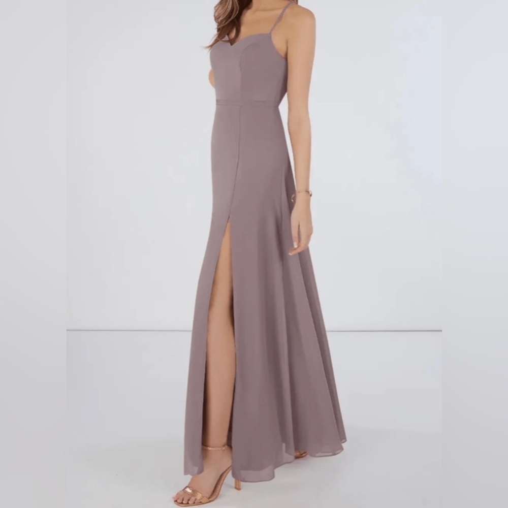 Azazie Mandy Maxi Dress in Taupe V Neck Formal Bridesmaid Size A2 - Picture 2 of 15